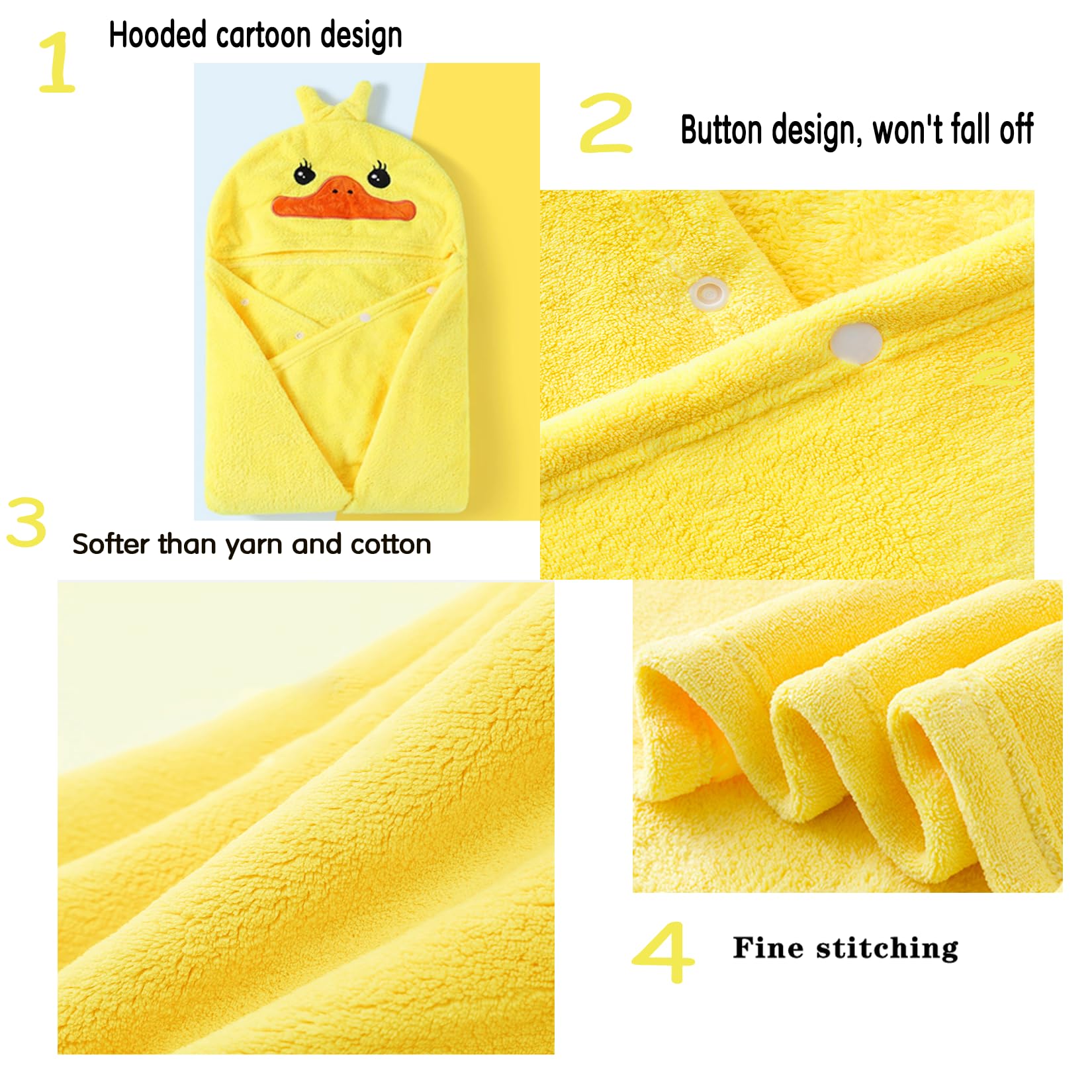 Toalla de baño para niños pequeños, Toallas de bebé con Capucha, 27.5 x 55 Pulgadas, Ultra Absorbente, Suave, Toalla de Ducha para niños y niñas (Pato Amarillo)