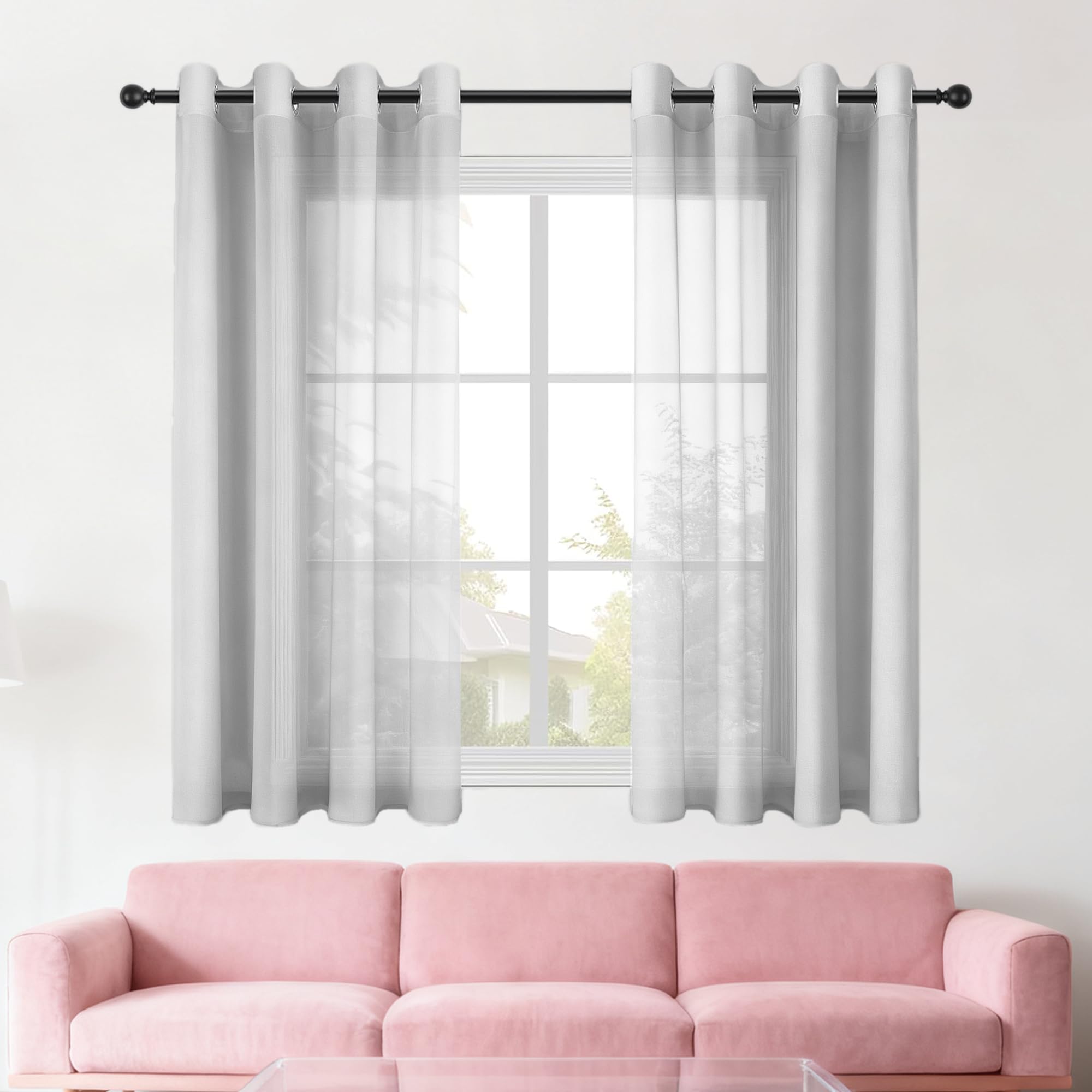 Rideaux voilages gris clair 300x125 cm à oeillets pour filtrer la lumière du salon