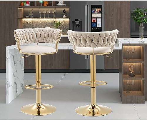RXRRXY Juego de 2 taburetes giratorios modernos, taburetes de bar de terciopelo con altura ajustable con respaldo y reposapiés dorado para comedor,