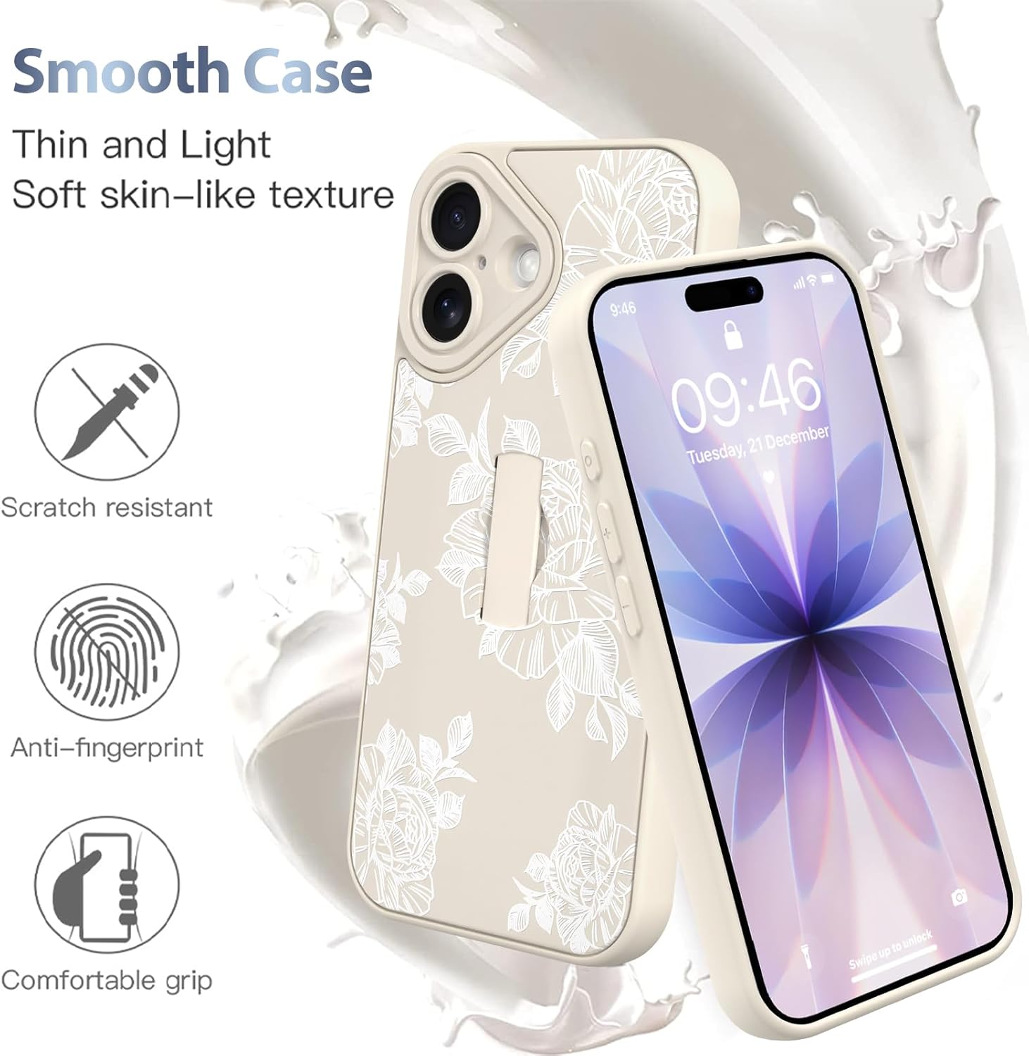 AIGOMARA Case Made for iPhone 17 with Finger Strap Stand White Flower Floral Pattern Design for Women Girls Soft TPU Bumper Hard PC Back Anti-Fall Shockproof Protective Slim Cover