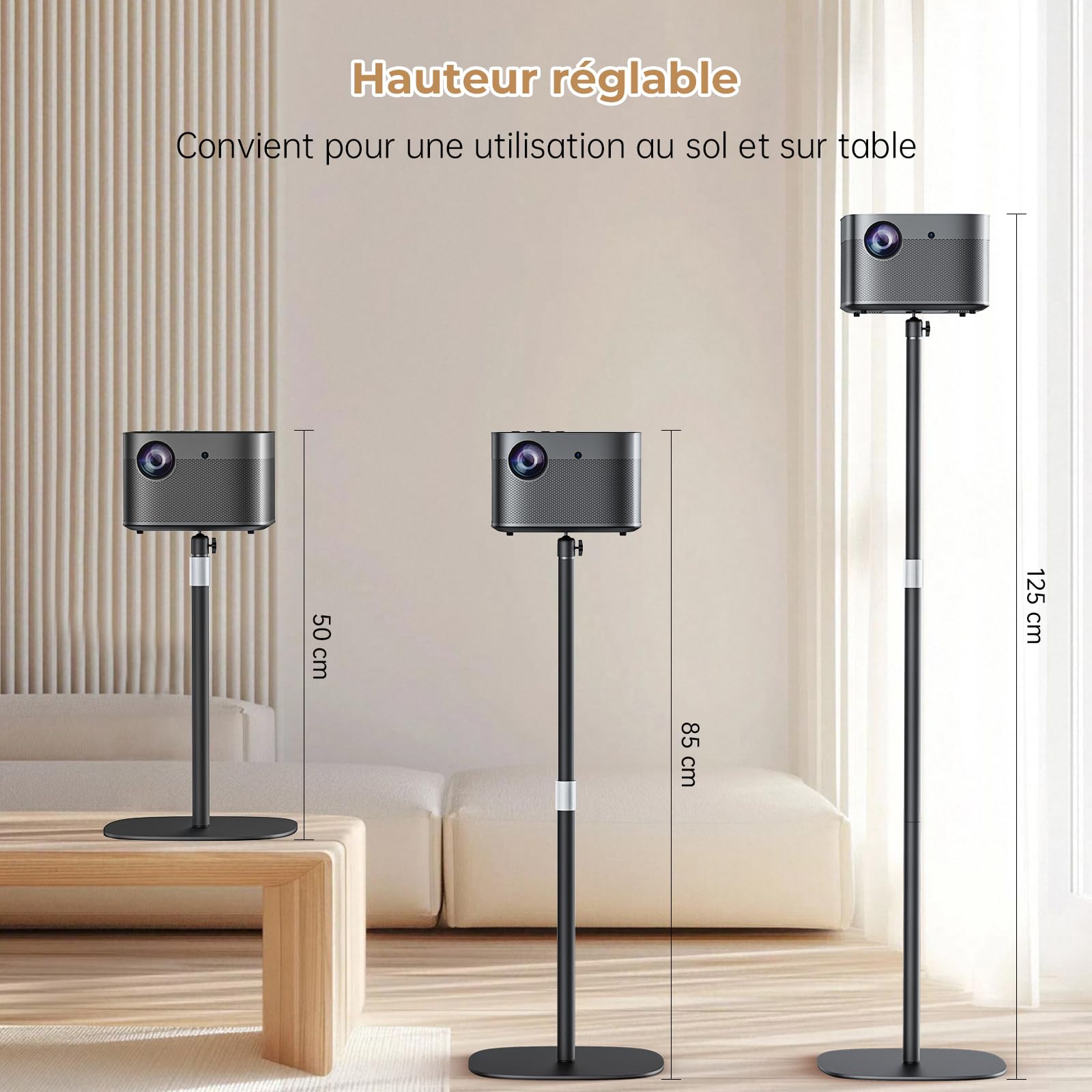 Support de Projecteur en métal, Hauteur réglable de 50 à 125cm avec Rotation d'angle à 360°, Peu encombrant, Supporte jusqu'à 5 kg, Compatible avec Projecteur, Appareils Photo et Plus Encore