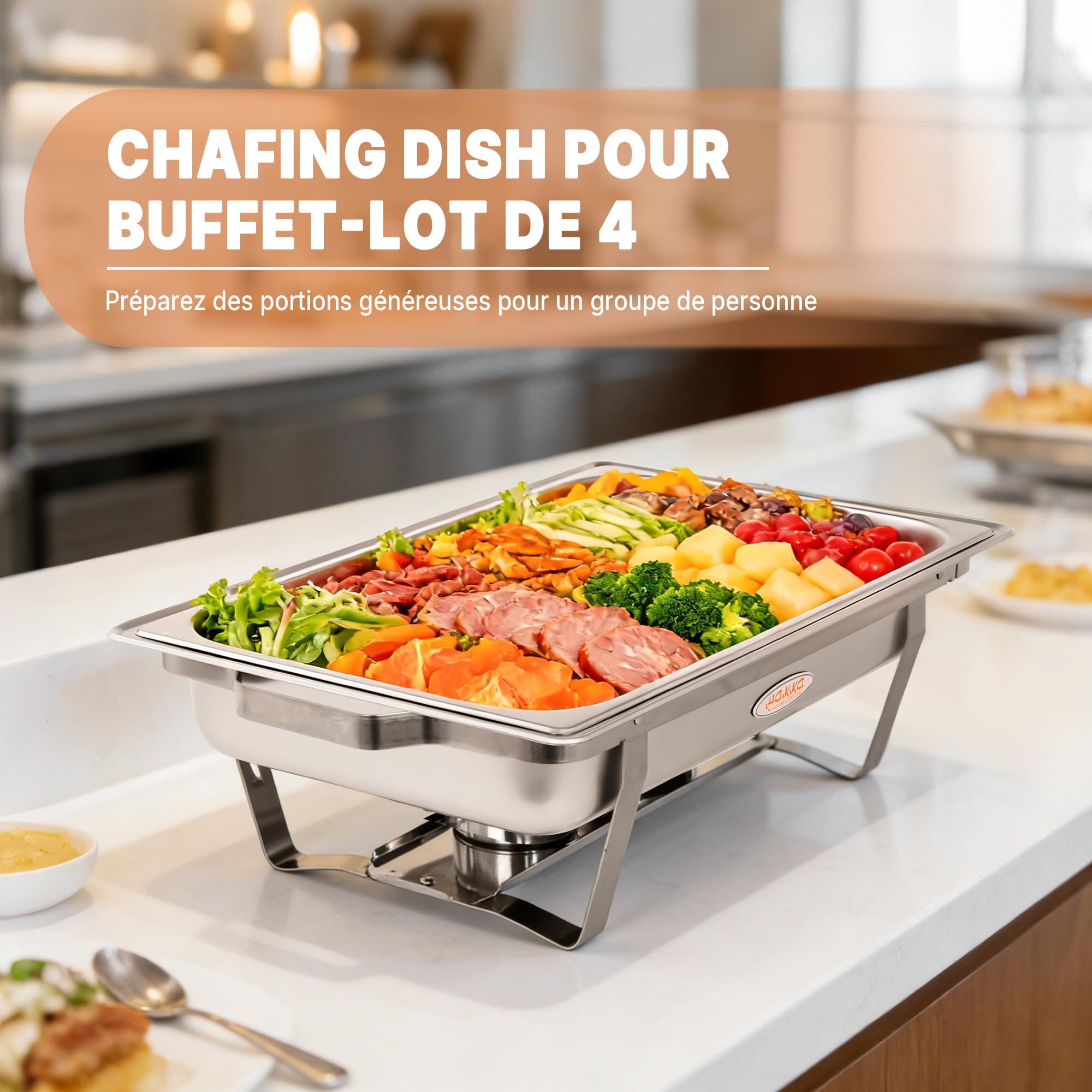 Hakka Lot de 4 Chafing Dish Rectangulaire Buffets Chauffants 9,5L chauffe-plats professionnel avec 4 bacs, chauffe-plats en acier inoxydable avec couvercle, réservoir à combustible, cadre pliable, pou