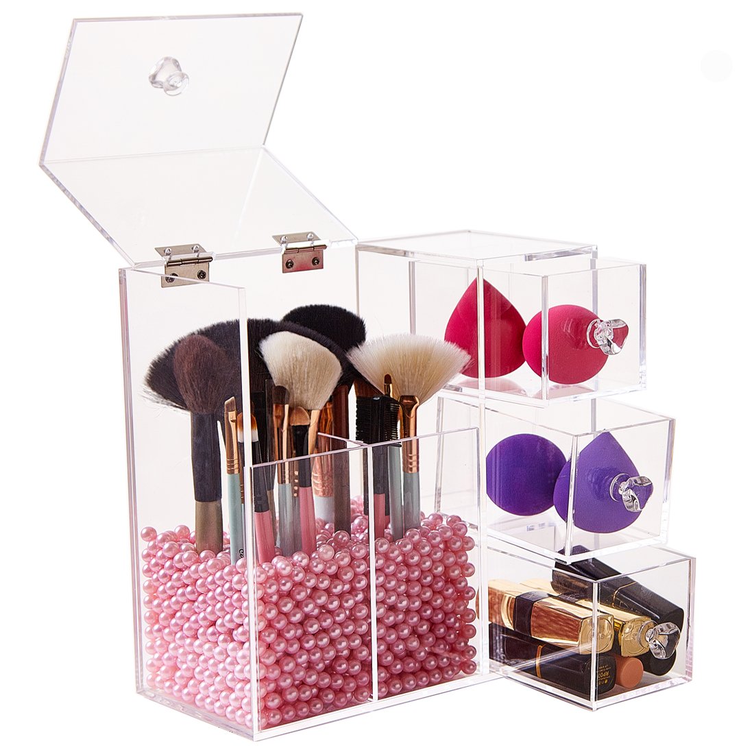 Clear Acrylic Covered Makeup Brush Holder with Dustproof Lid, 3 Drawers, Pearls Beads for Cosmetics Brushes Storage (Pink)