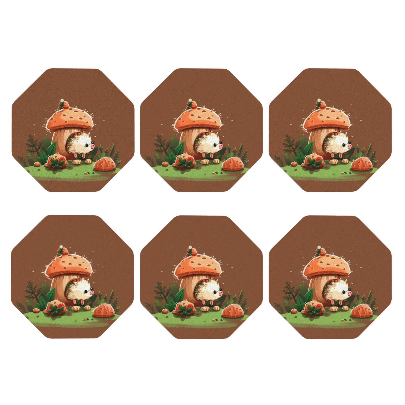 6pcs Leather Coasters for Drinks, Hedgehog and Mushroom Drink Coasters for Tabletop Protection, 4" Cup Coasters for Coffee Table Decor, Non-Slip Drinking Cup Mat for Hot Or Cold Drink