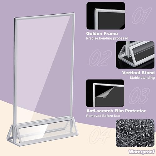 Miniatura 5 de 24 soportes de acrílico transparente de 4 x 6 con bordes plateados y soporte vertical, soportes de menú de mesa de doble cara para números de mesa