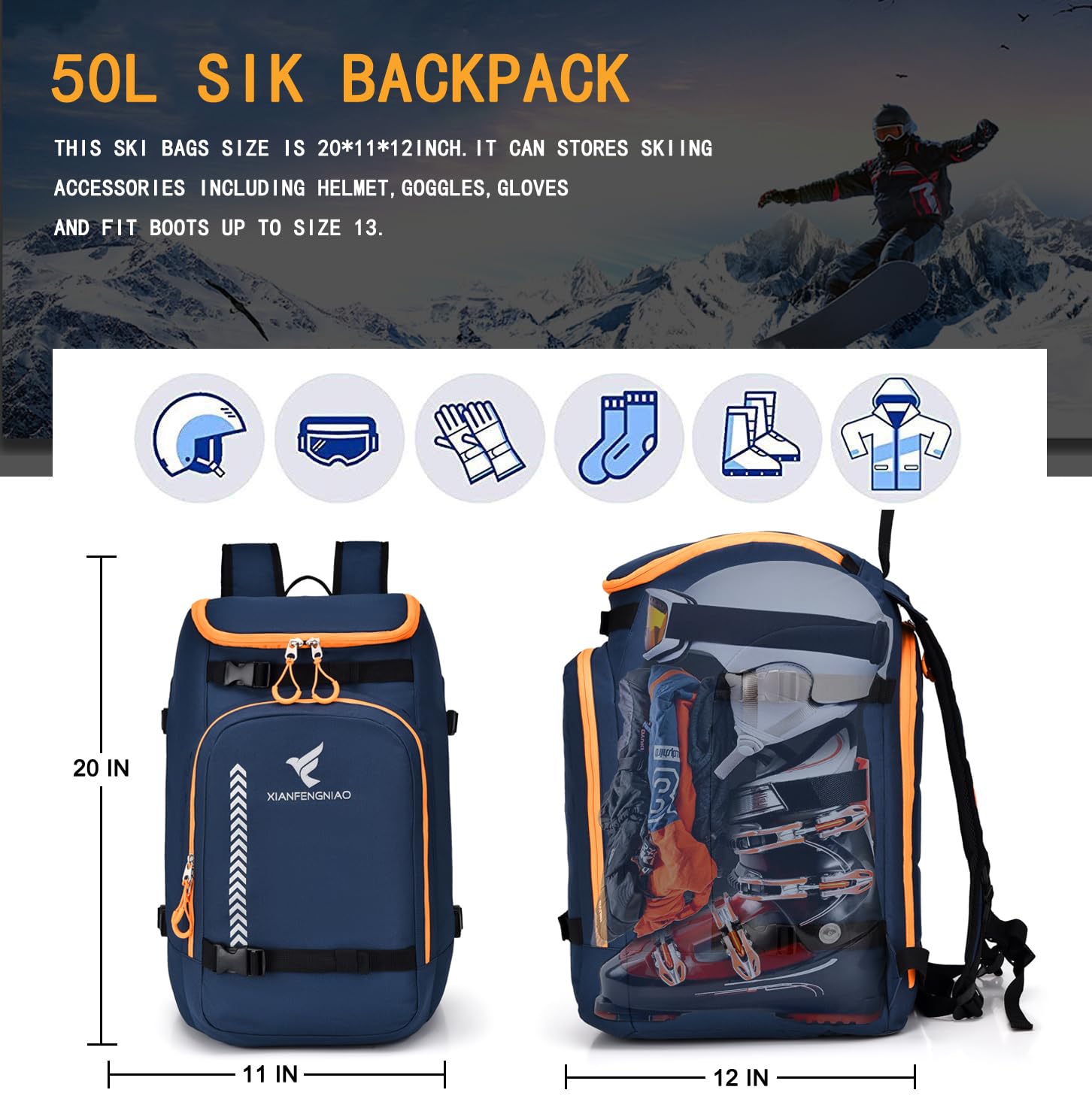 Skischuhtasche, 50L Skischuh Reiserucksack, wasserdichte Ski- und Snowboardstiefel, Skifahren und Snowboard Reisegepäck für Skihelm, Schutzbrille, Snowboard, Handschuhe & Zubehör (Dunkelblau)