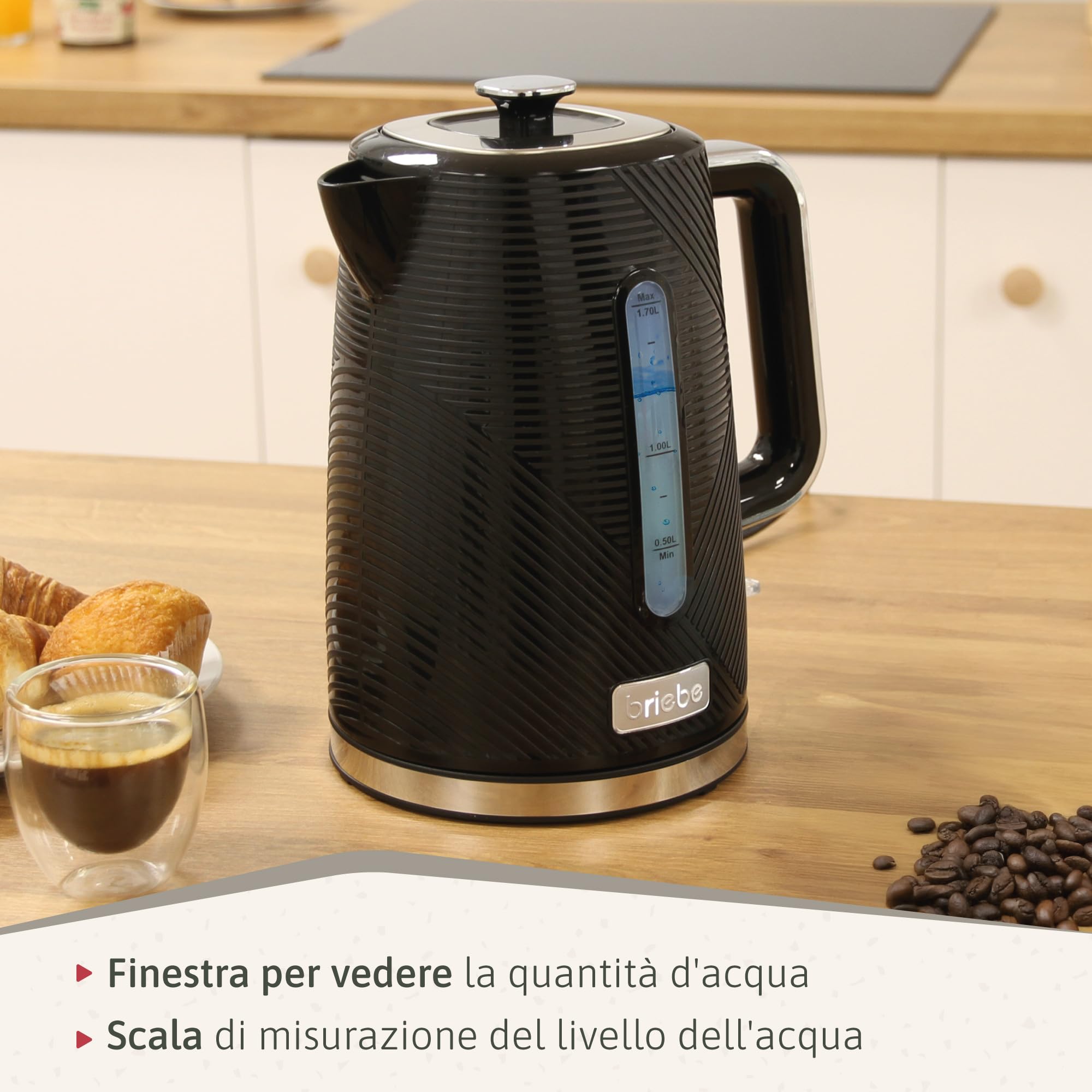briebe Elegance, Set tostapane con fessura larga 2 fette + bollitore d'acqua elettrico 1,7 l senza fili 2200 W, senza BPA + caffettiera a goccia con filtro 10 tazze 1,25 l, set colazione design