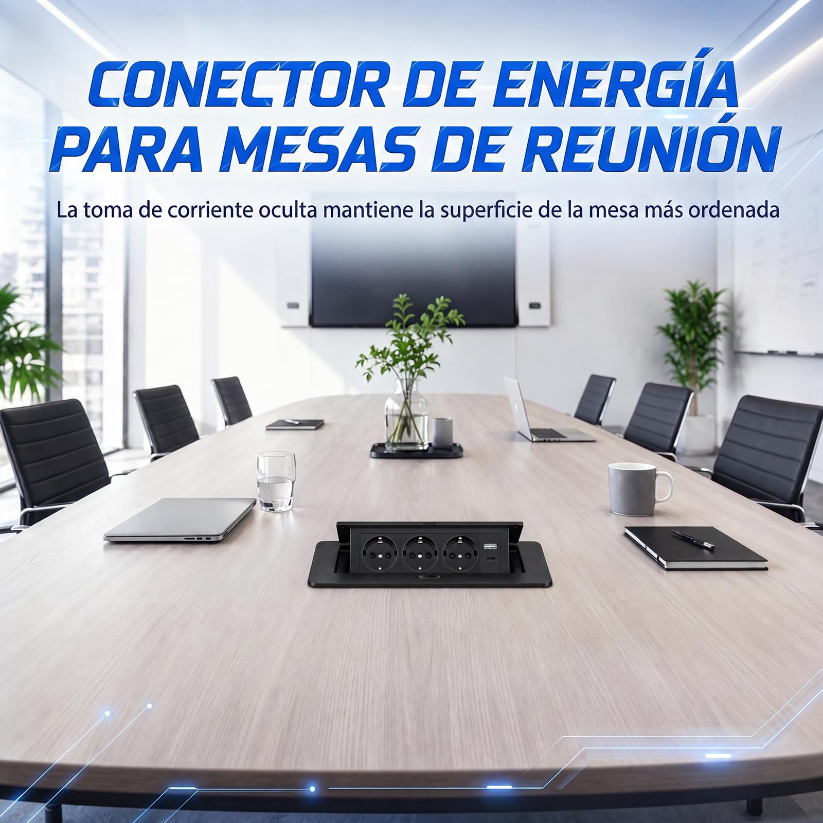 Enchufe Empotrable Mesa, Regleta Empotrable Base Múltiple Retráctil para Escritorio/Mesa Toma Empotrada con 3 Tomas Schuko + 2 USB (1 Tipo A + 1 Tipo C), Cable de 1,8 m, Negro