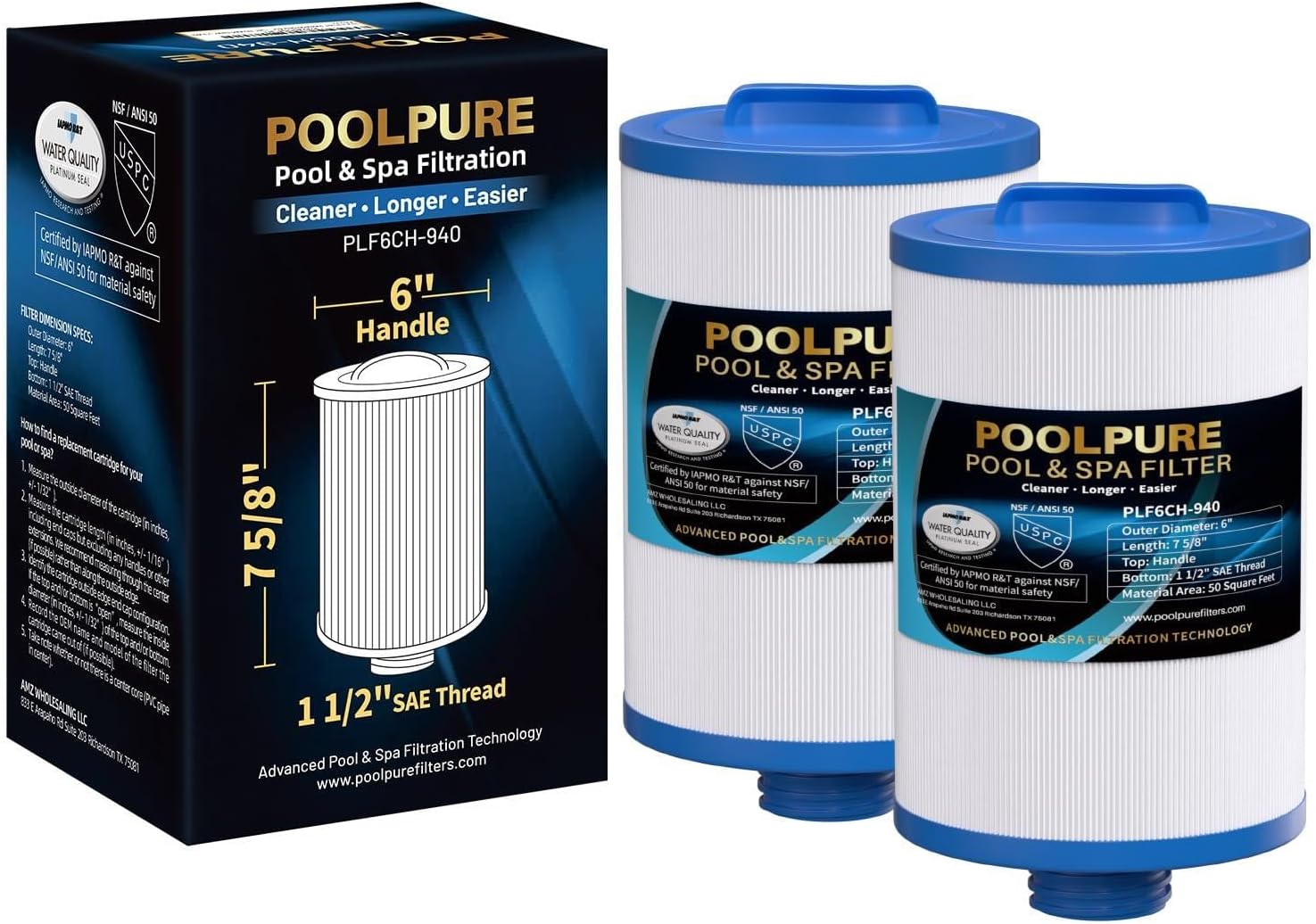 POOLPURE 6CH-940 Spa Filter Replaces PWW50P3(1 1/2" Coarse Thread), 817-0050, Filbur FC-0359, 25252, 03FIL1400, Waterway Front Access Skimmer, Screw in SAE Thread Filter 2 Pack
