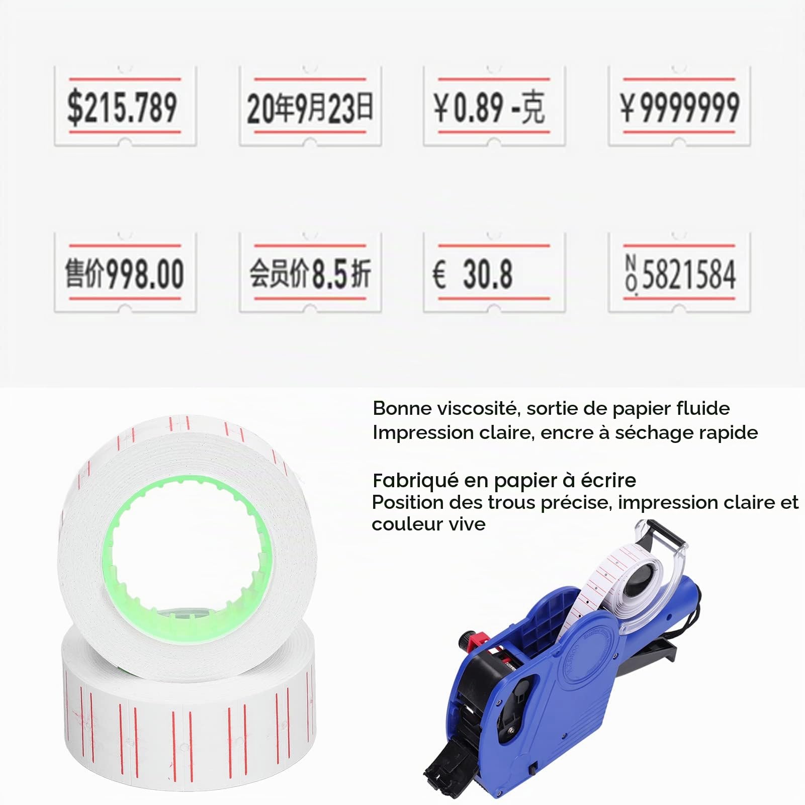 15000 étiquettes autocollants de prix, papier d'étiquettes de machine de prix, 30 rouleaux de papier d'étiquette à une rangée pour étiqueteuse de pistolet MX5500 21x12mm