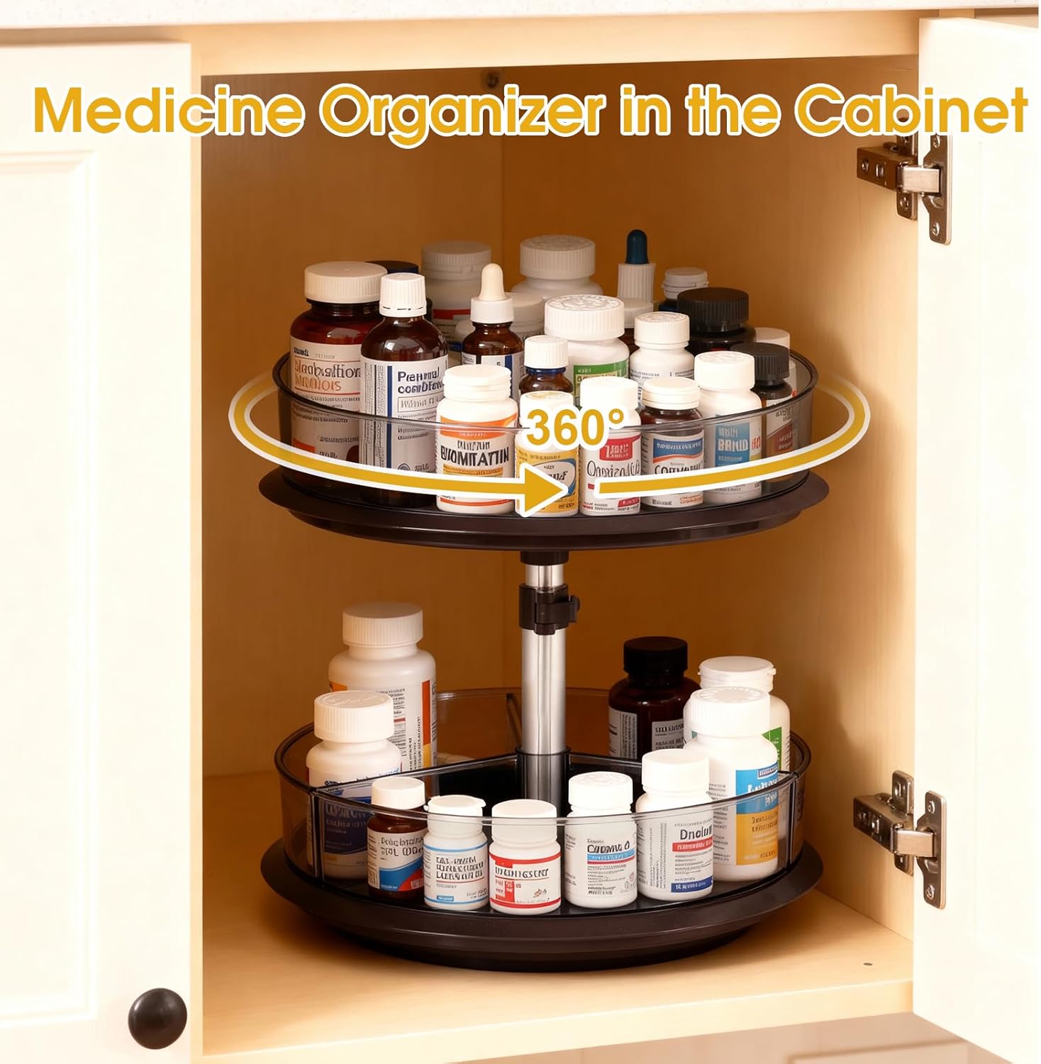 2 Tier Medicine Cabinet Organizer, Rotary Turntable Organizer for Medicine and Vitamin Bottles, Under Sink Organizer for Medicine, Bathroom Cabinet Storage, Tray has Removable Dividers, Easy Assembly