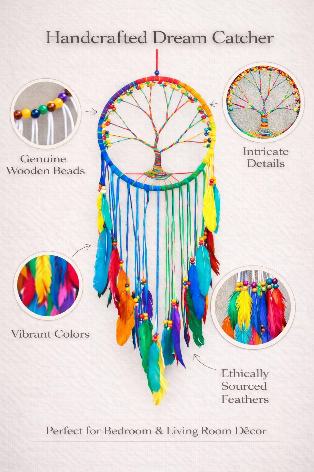 Unbekannt Oma Dream Catcher – Tree of Life Weiß Wildleder Traumfänger mit Federn & Holz Perlen – Groß Größe – 91,4 cm Lang x 27,9 cm Durchmesser Marke Beige