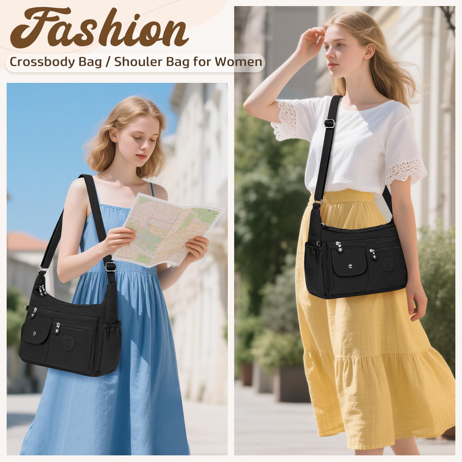 Bolso Bandolera Mujer Grande Nylon Bolso Cruzado Impermeable Bolsos Multibolsillos Crossbody Bag Mediano con Correa Ajustable Casual Bolsos de Mano para Escuela Viaje Trabaja