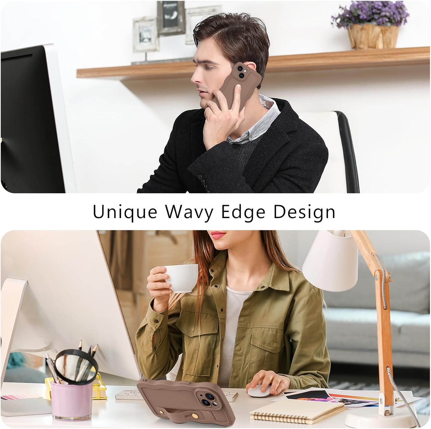 GUAGUA Compatible with iPhone 14 Case 6.1 Inch Cute Curly Wave Shape iPhone 14 Phone Case with Adjustable Wristband Kickstand Slim Soft TPU Shockproof Protective Strap Case for iPhone 14, Brown - Image 7