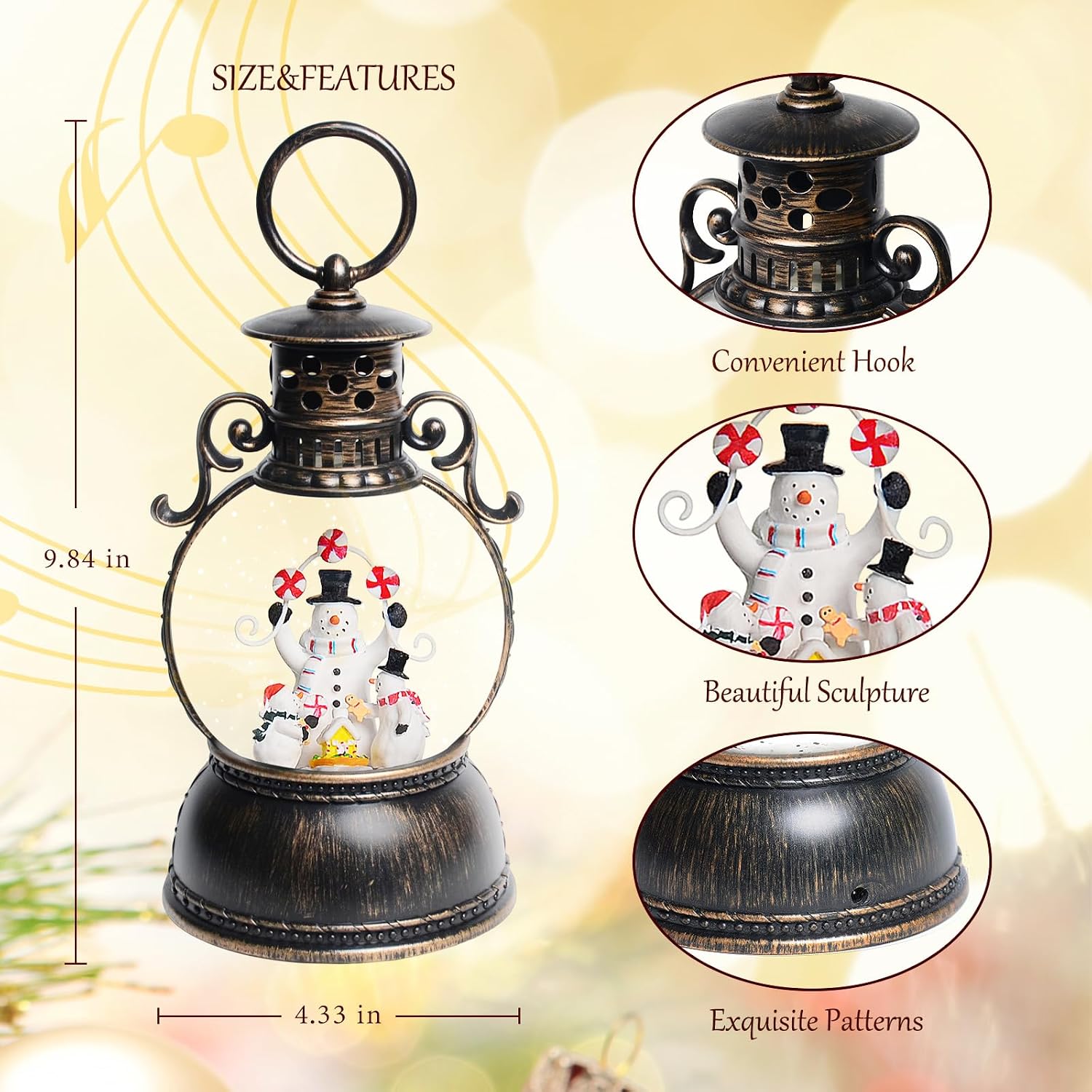 Christmas Snow Globes Lantern, 8 Songs, 6H Timer, Battery & USB Powered, Brown Plastic Classic Snow Globe image 4