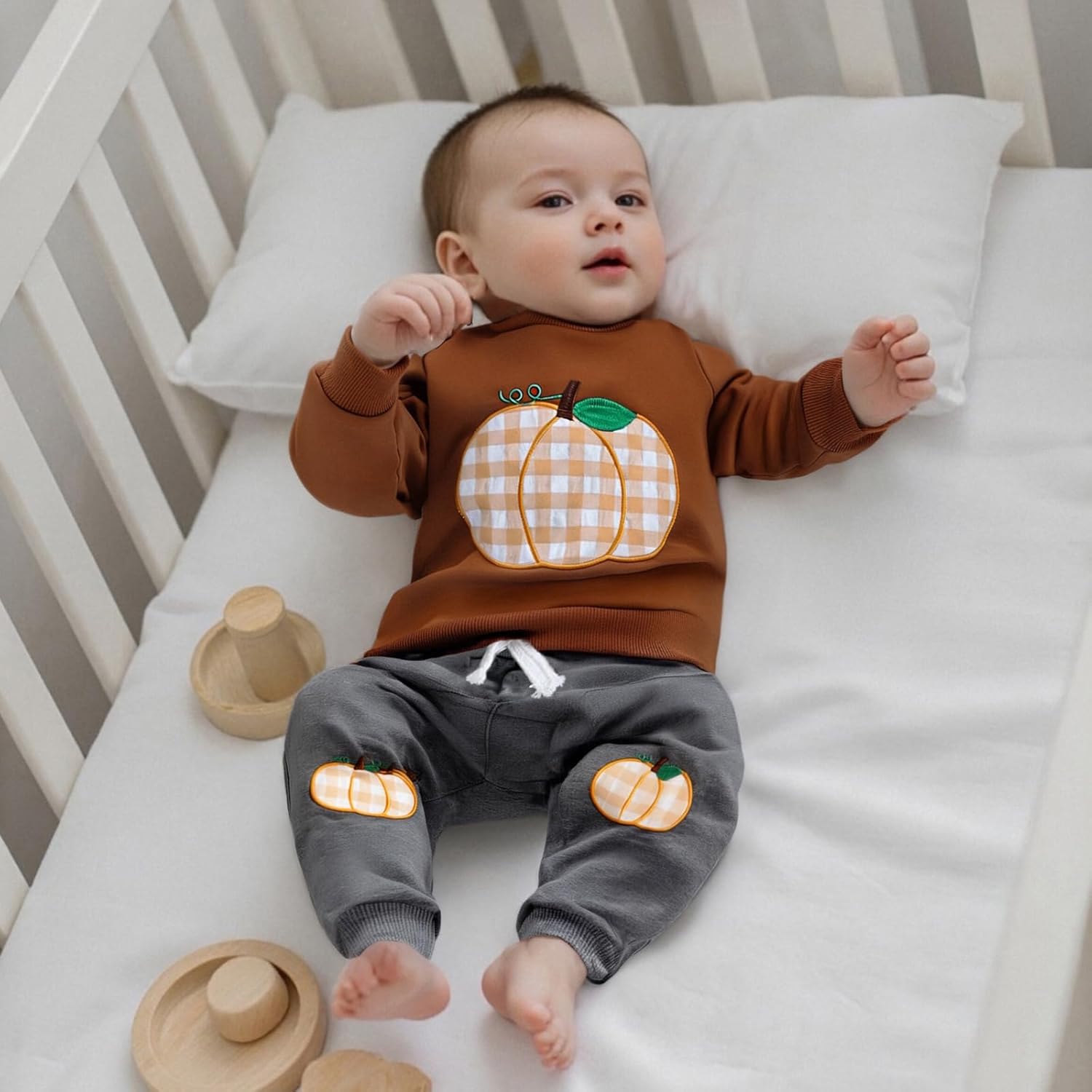 Toddler Baby Boy Halloween Outfit Pumpkin Embroidery Long Sleeve Sweatshirt & Plaid Pant Set Fall Clothes - Image 3