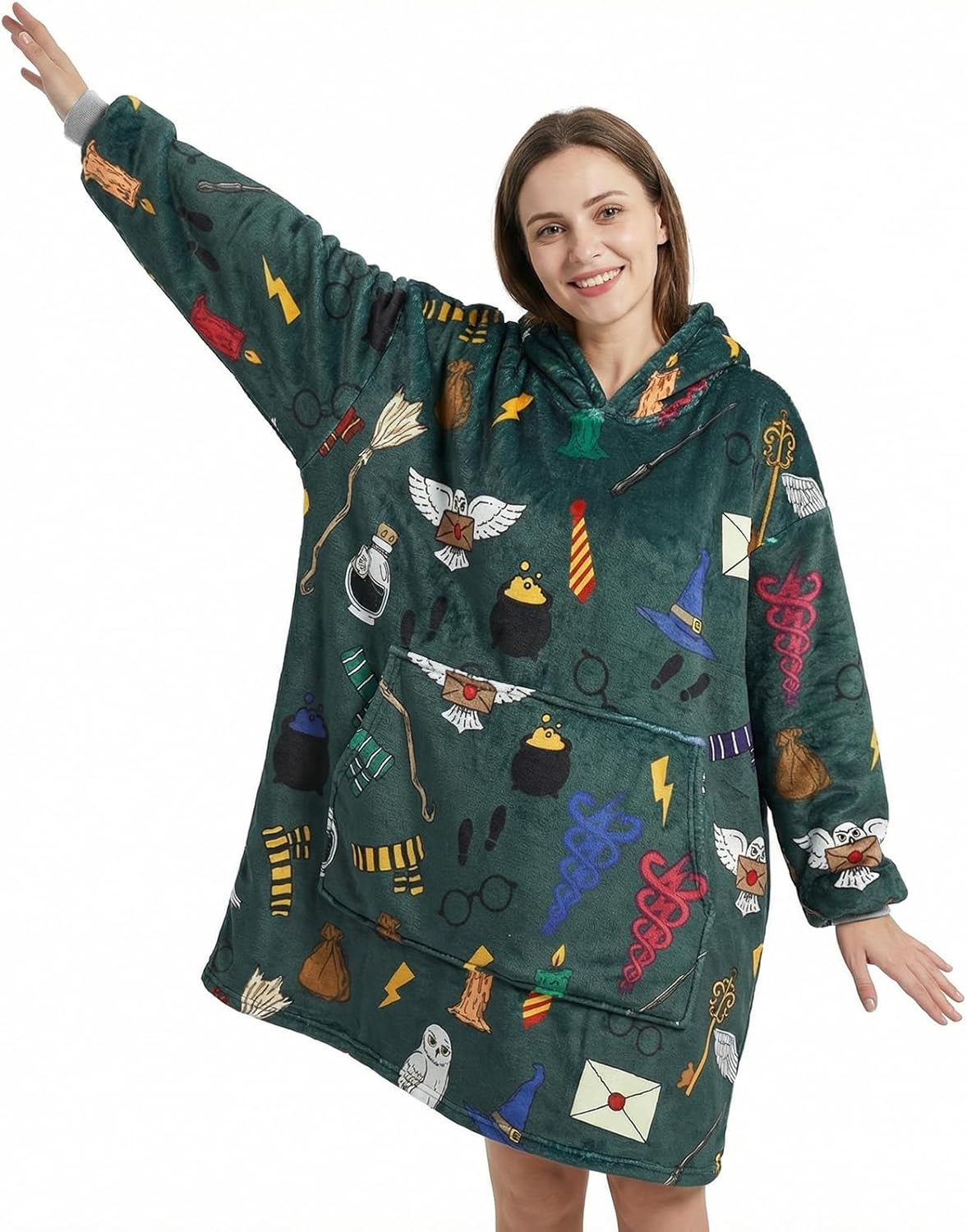 Magical Movie Theme Soft Warm Oversize Wearable Blanket Hoodies for Fans of Magical Movies and Novels, Featuring Owl, Lightning Bolt, and Eyeglass Frame Prints