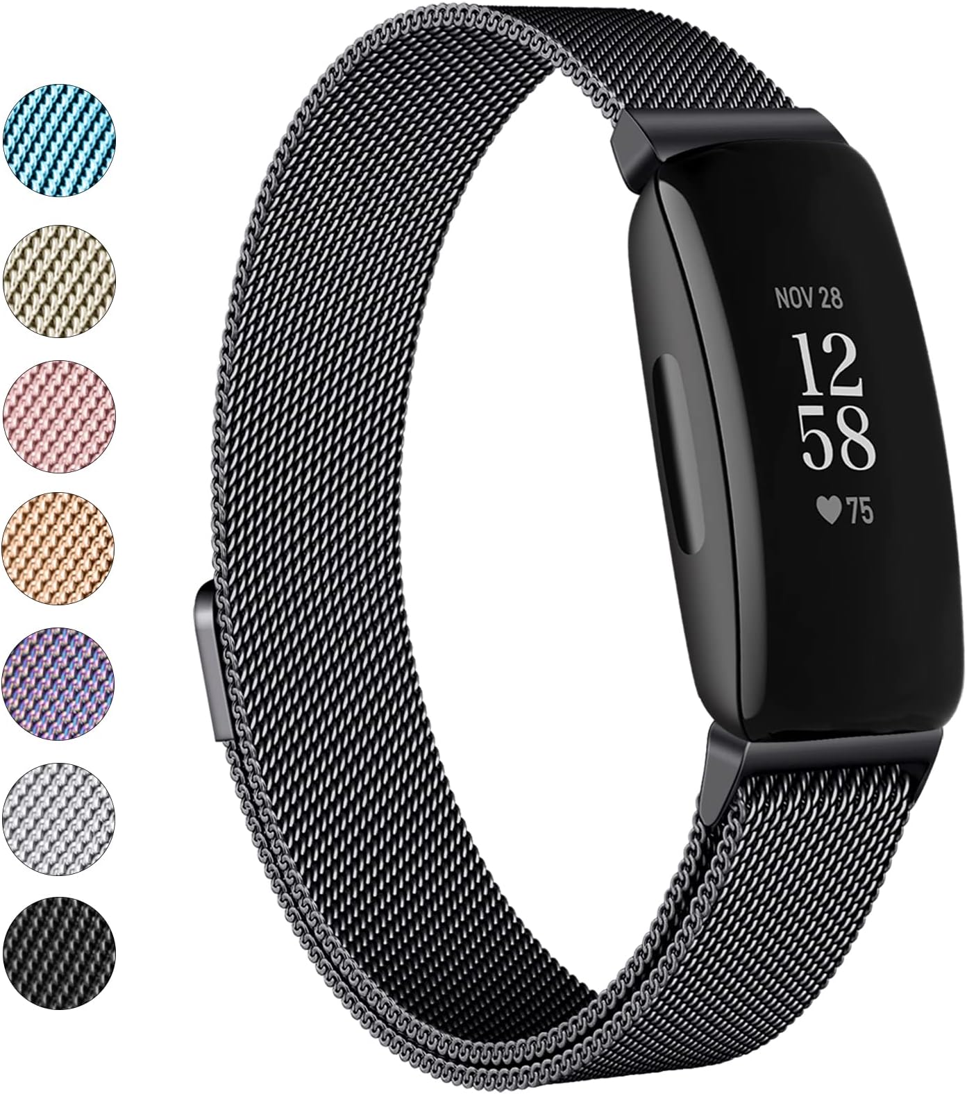 Vanjua Stainless Steel Metal Mesh Loop Adjustable Magnetic Wristband Replacement Strap for Fitbit Inspire 2 / HR / Fitness Tracker (Small, Black)