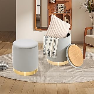 Round Ottoman with Storage Set of 2, Upholstered Velvet Storage Ottomans...