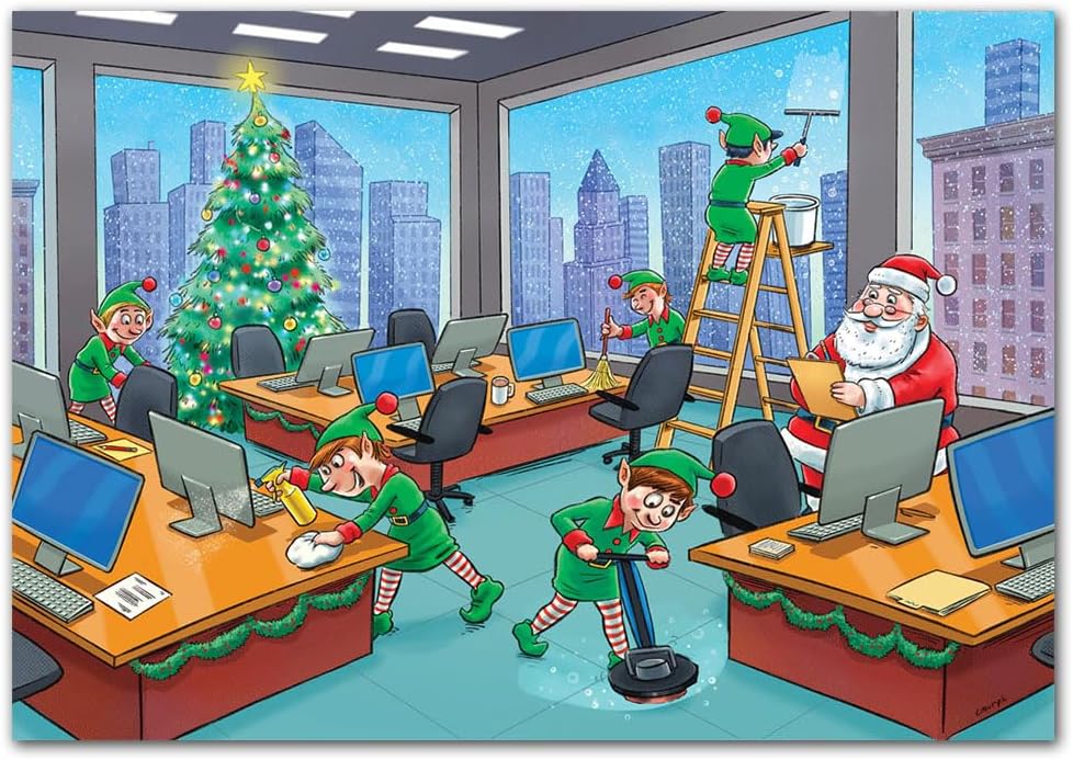 Janitorial Christmas Greeting Cards – 50-Pack Bulk Commercial Holiday Cards for Custodial Services & Cleaning Companies, Santa Office Cleaning Design