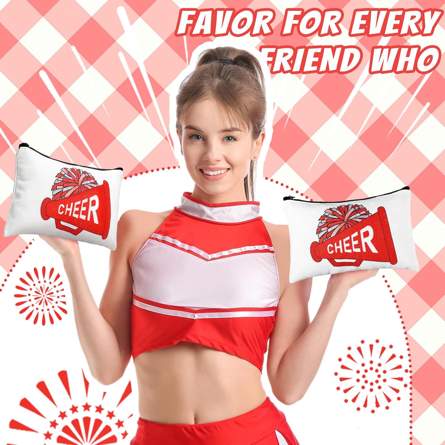 20 Pcs Cheer Makeup Bag Cheer Teams Senior Night Gifts Canvas Makeup Case Cheerleader Teams Gifts Zipper Pouch for Cheerleading Teammates Party Supplies(Red) - Image 3