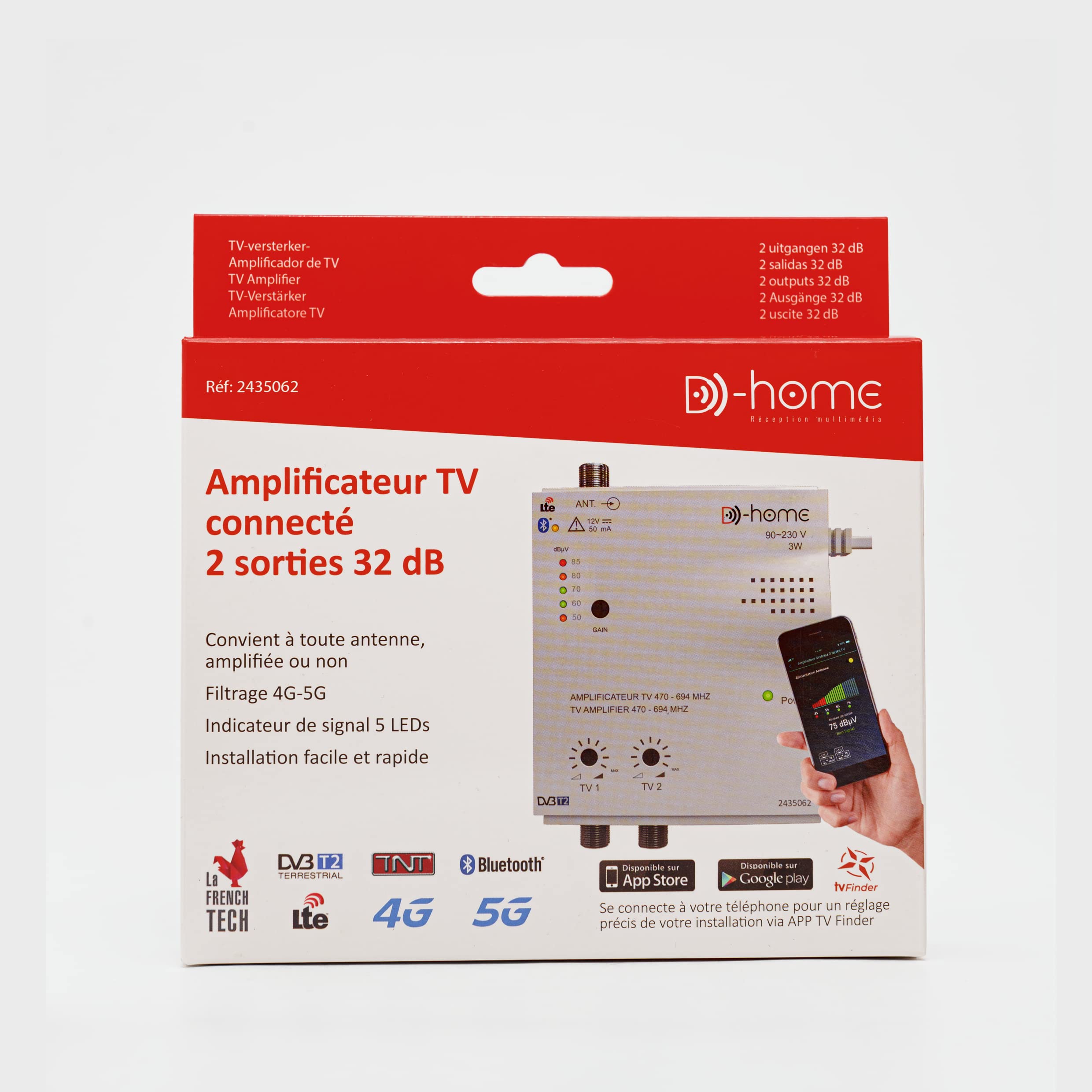 Amplificateur TV TNT Intérieur 32dB 2 Sorties Connecté Filtré 4G-5G avec App Mobile TV Finder