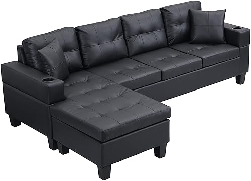 Miniatura 2 de EMKK Juego de sofá modular de cuero sintético en forma de L con diván de mano izquierda o derecha 2 almohadas de lanzamiento para muebles de sala de