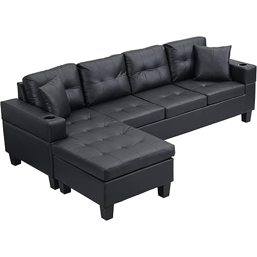 EMKK Convertible Sectional Leather 96" L-Shape Sofa 4-Seat Couch Fabric Upholstered for Living Room, Apartment, Office, Black Pu+2 Pillows