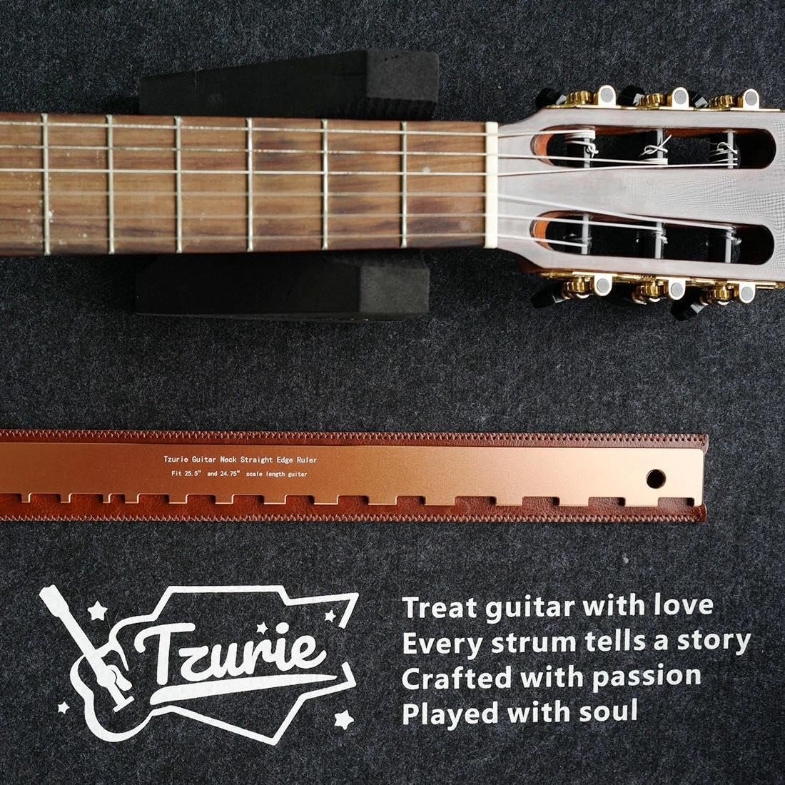 Prosta krawędź szyi gitarowej z etui – linijka gitarowa z naciętą prostą krawędzią, narzędzie lutnicze zaprojektowane do wag 64.8 cm i 63 cm