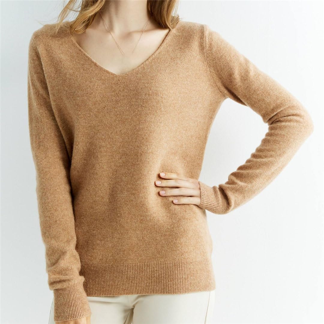 Vogrtcc Maglione da donna in cashmere lavorato a maglia con scollo a V a maniche lunghe
