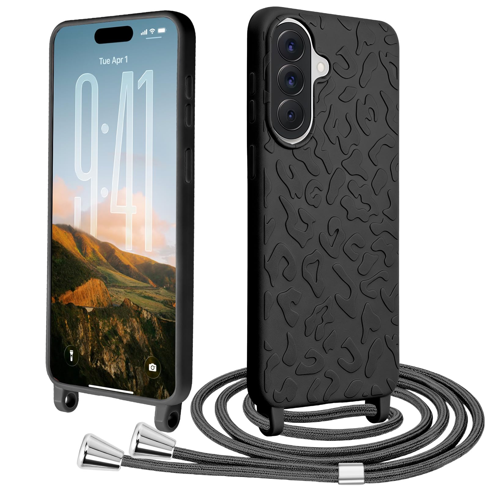 Handyband für Samsung Galaxy S26 Plus Hülle mit Band, Leoparden, Schwarz | CaseLover Leopardenmuster Handyhülle mit Band, Necklace Schutzhülle mit Kette, Kordel zum Umhängen Silikon Case für Outdoor
