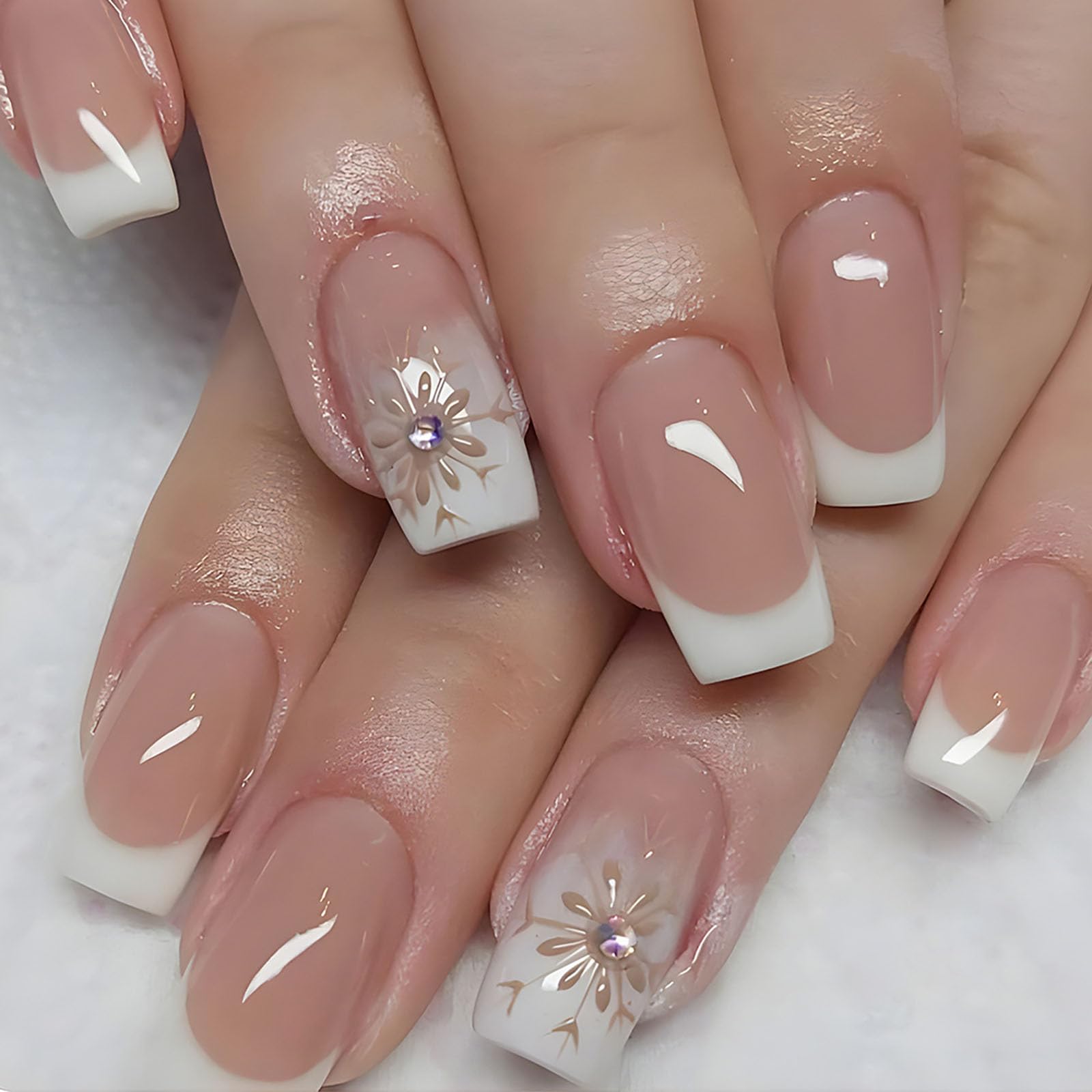 Square Press on Nails French Tip Fake Nails Medium False Nails with Brown Designs Artificial Nails Rhinestones Glossy Glue on Nails Cute Stick on