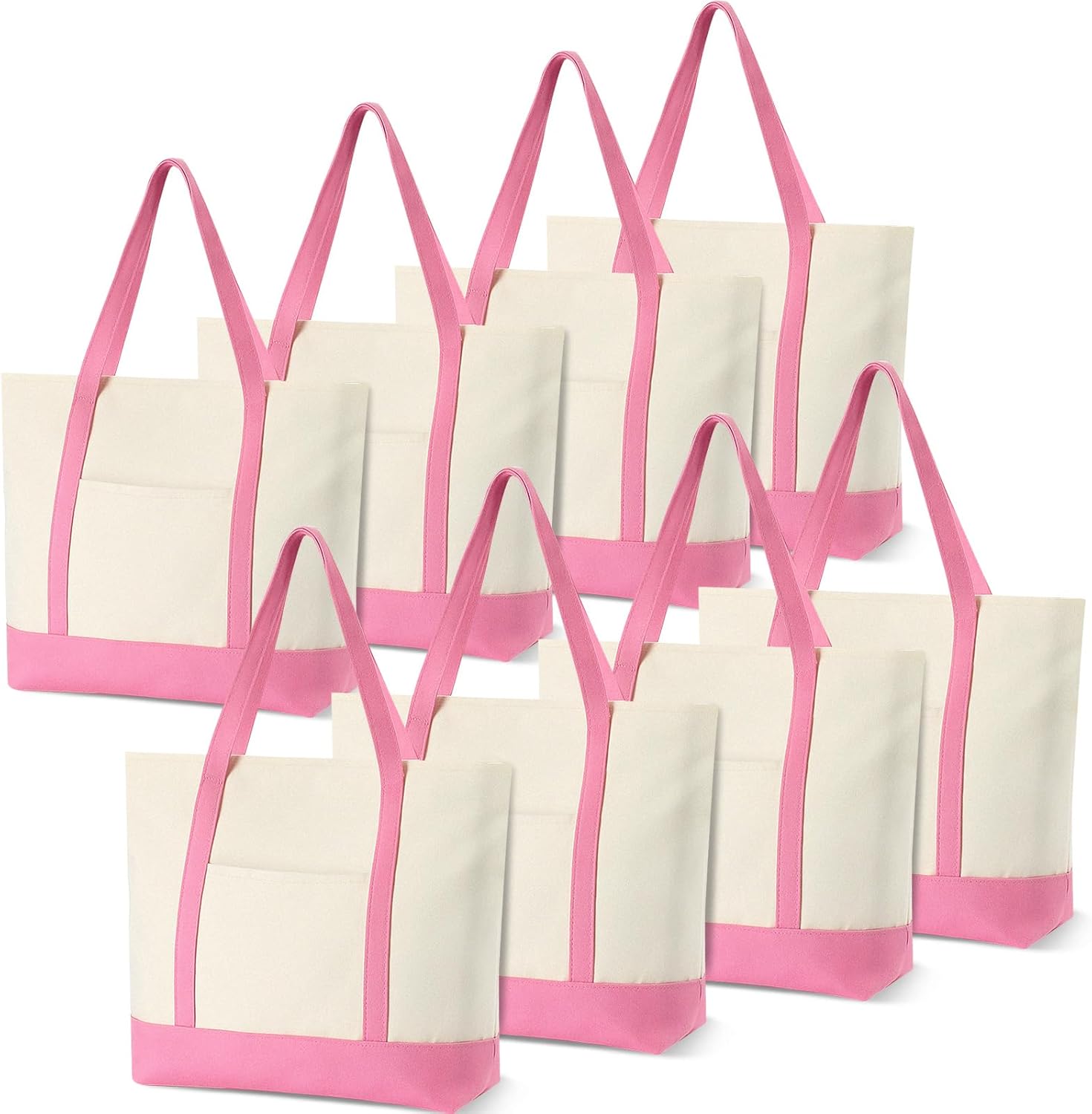8 Pcs Large Canvas Tote Bags Bulk with Top Zipper Closure, Reusable Grocery Shopping Bags, Bachelorette Party DIY Gifts (21" X 15" X 6",Pink)