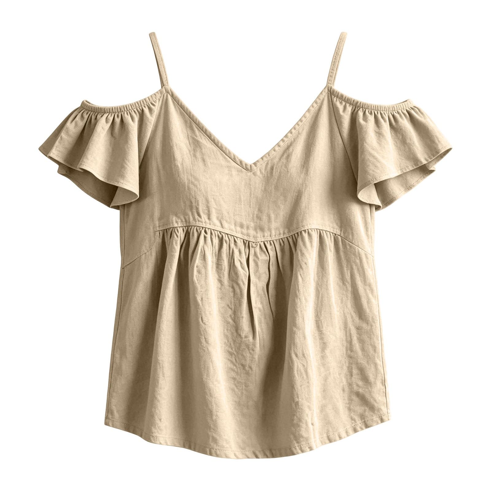 Off-Shoulder Top, V-Ausschnitt, Volantärmel | Lockerer Schnitt, Raffung, Baumwolle Leinen - Lässige Sommerbluse für Freizeit