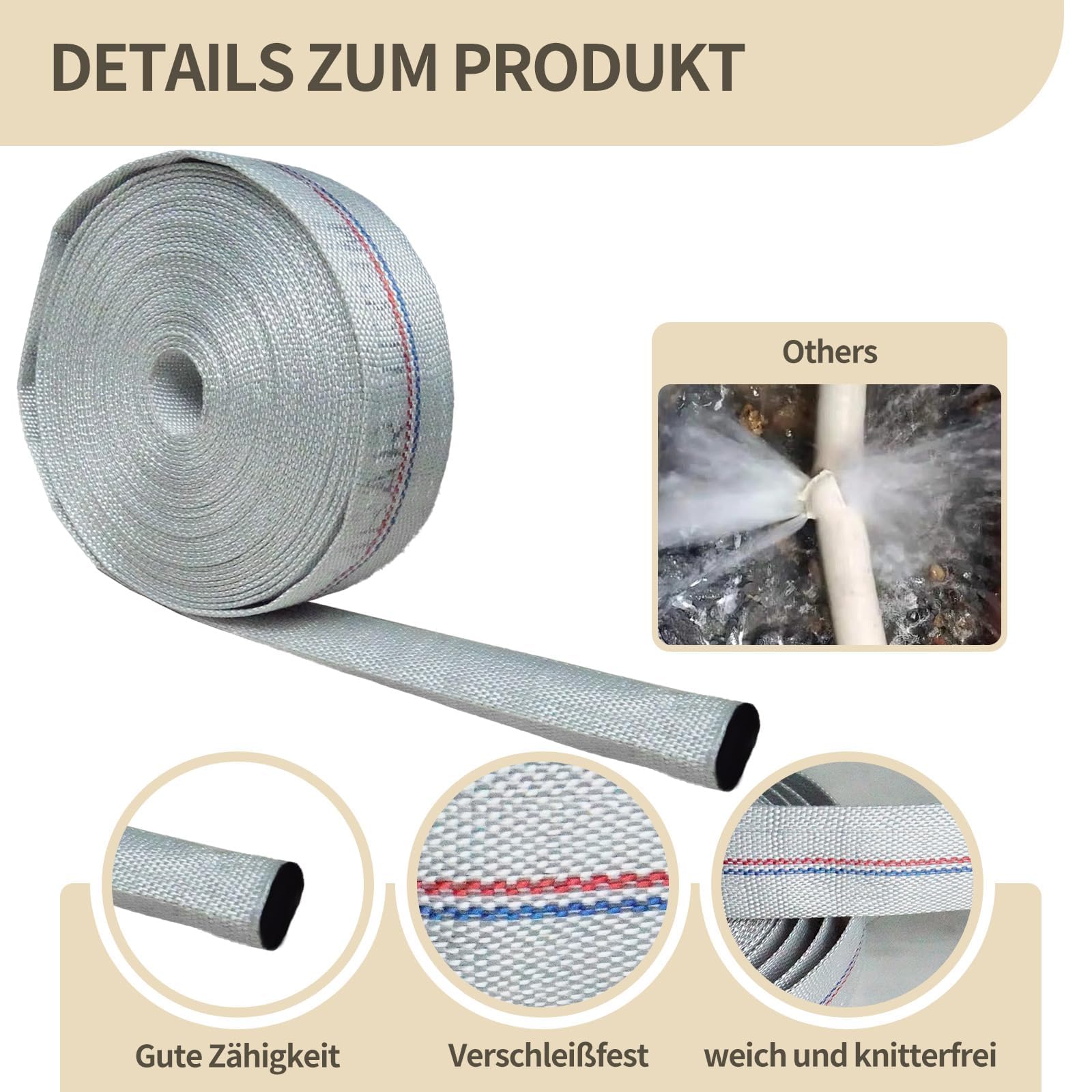 Flachschlauch,Gewebeschlauch mit 2 Edelstahl Schlauchklemme,Bauschlauch mit PE-Innenbeschichtung für Tauchpumpen, Schmutzwasserpumpen,Robuster Bauschlauch,Industrieschlauch(Grau 1 Zoll-25mm 20 M)
