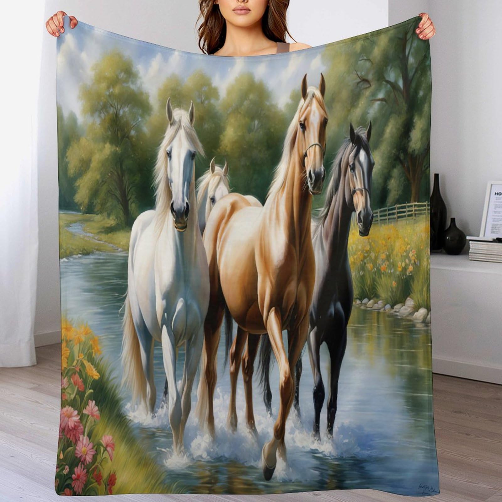 Couverture super doux flannel motif cheval, plaid chaud et léger 140x180