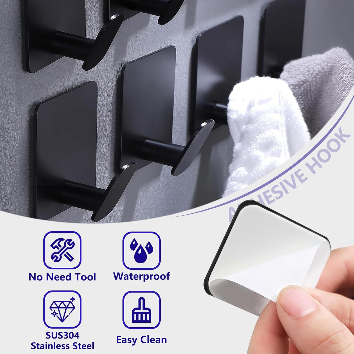 Black Adhesive Towel Hooks 2" Heavy Duty Sticky Hanger Bathroom Wall Mount image 3