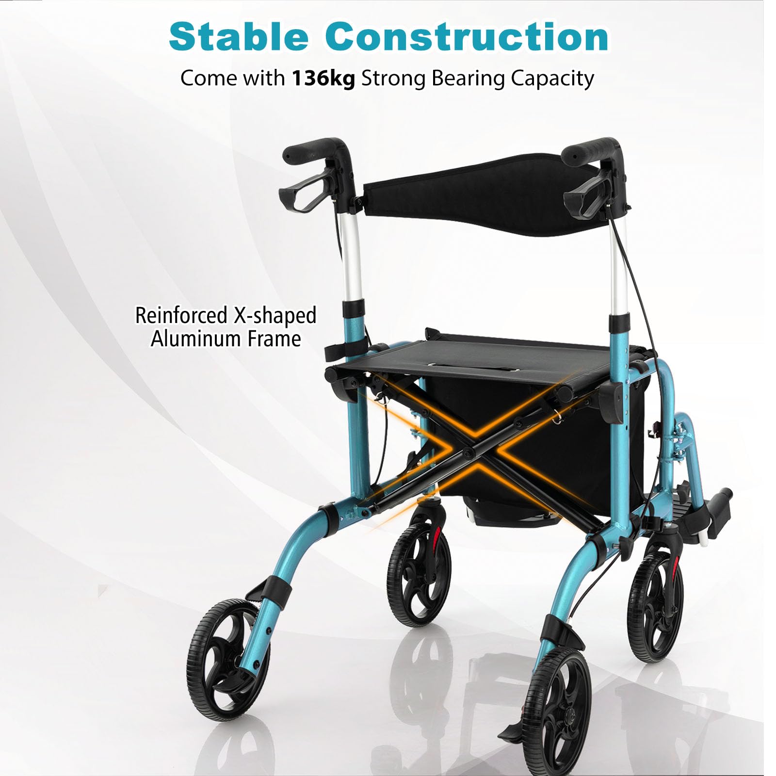 HOMASIS Andador para Ancianos con Asiento, Caminadores para Adultos de Aluminio,136 kg, Ajustables de 6 Niveles, Soporte para Bastón/Paraguas, Tacataca Plegable para Personas Mayores (Azul Marino)