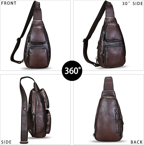 Miniatura 2 de FEIGITOR Bolso bandolera de cuero genuino, mochila cruzada retro hecha a mano, bolsa de pecho para senderismo, ciclismo, riñonera