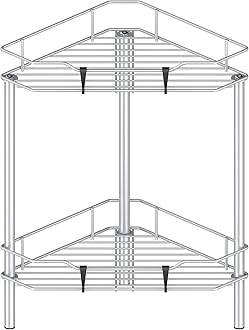 2 Tier Floor Standing Corner Shower Caddy Organizer Shelf with Hooks, Bathroom Shelves Stand Rack, Silver