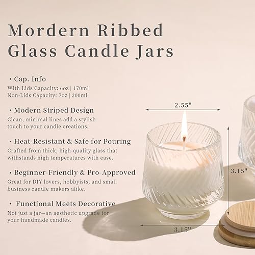 Miniatura 3 de 8 tarros de vela transparentes de 7 onzas para hacer velas, tarros de vela únicos acanalados, tarros de vidrio con tapas de bambú y etiquetas para