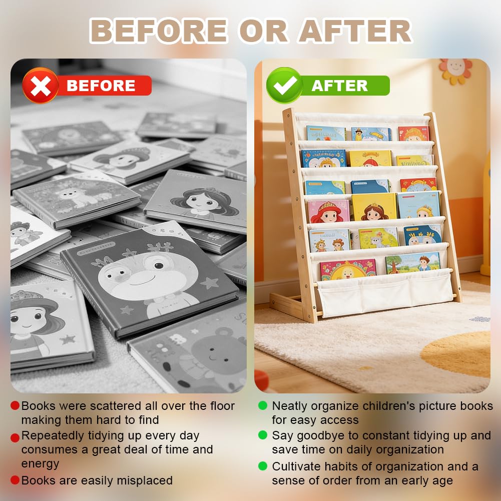 Kinder-Bücherregal 6 Ebenen, Montessori Kinderregal mit Tasche, Kinderregal für Buchaufbewahrung mit Kippsicherung, Bücherregal für Kinder, Wandregal Kinderzimmer für Kinderzimmer und Spielzimmer