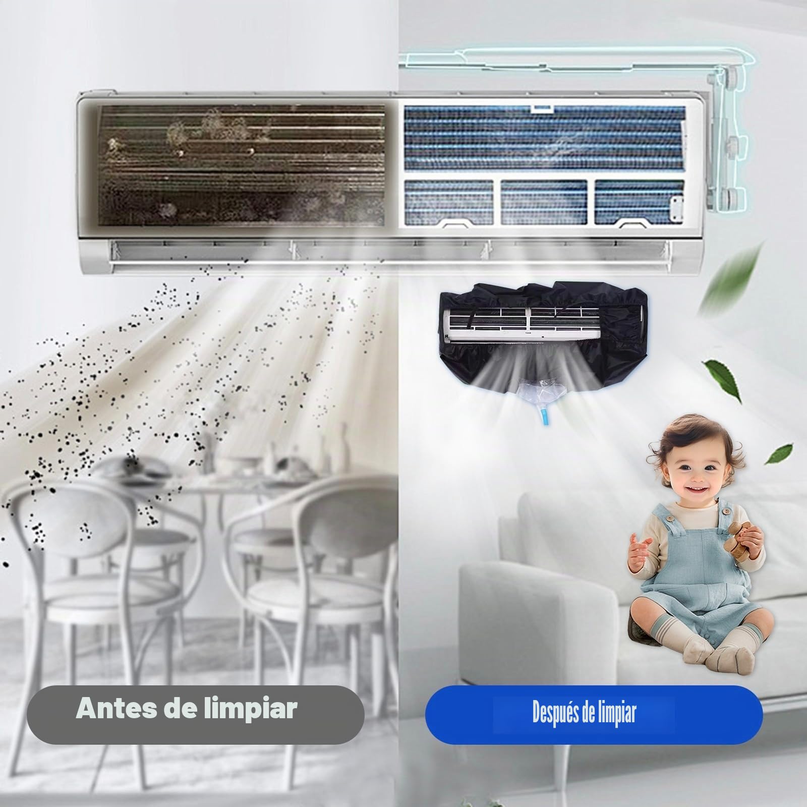 Kit de limpieza Kikepilm de 12 piezas para aire acondicionado split con botella de 2 l, kit de limpieza para aire acondicionado de pared(Negro, grande)
