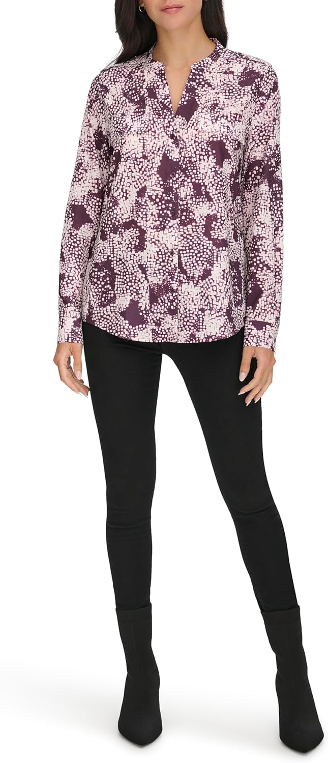 Calvin Klein Women's Button Front Printed Long Sleeve Blouse