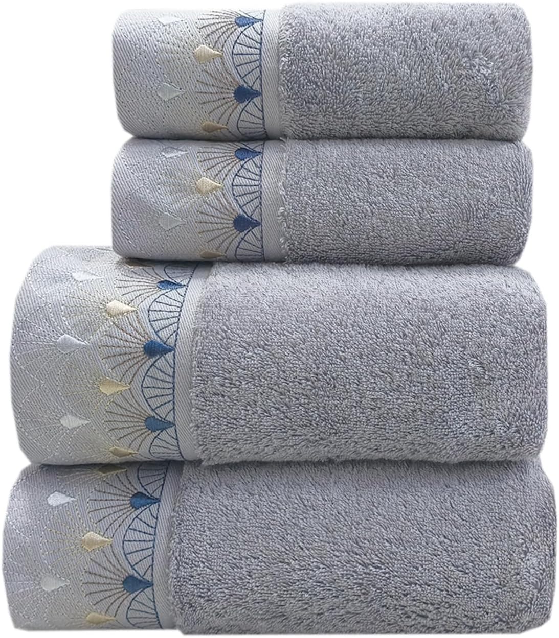 4-Piece Bath Towels Set 100% Cotton Embroidered Towels Set Super Soft Highly Absorbent Decorative Bathroom Towel Suitable for Home Spa Shower Gym, 2 Bath Towels+ 2 Hand Towels