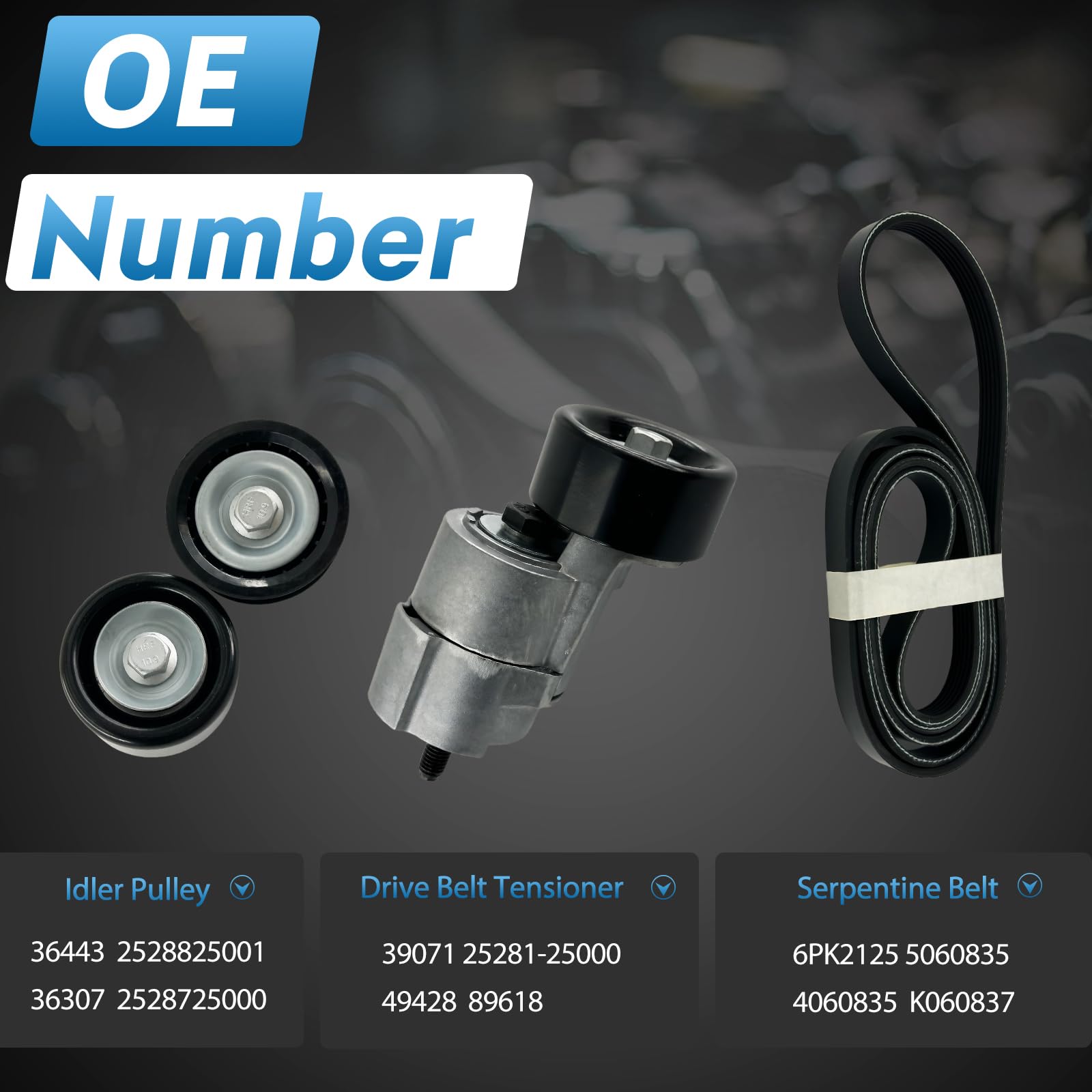 Kit de tensor de correa de transmisión y correa serpentina y polea tensora para Hyundai Santa Fe Sonata Tucson Kia Forte Magentis Optima Sorento sustituye a 6PK2125 2528125000 2528825001