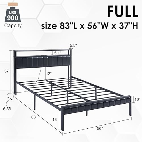 Miniatura 2 de AMERLIFE Base de cama de plataforma de tamaño matrimonial, marco de cama LED con piel sintética y estación de carga, cabecera de almacenamiento de 2