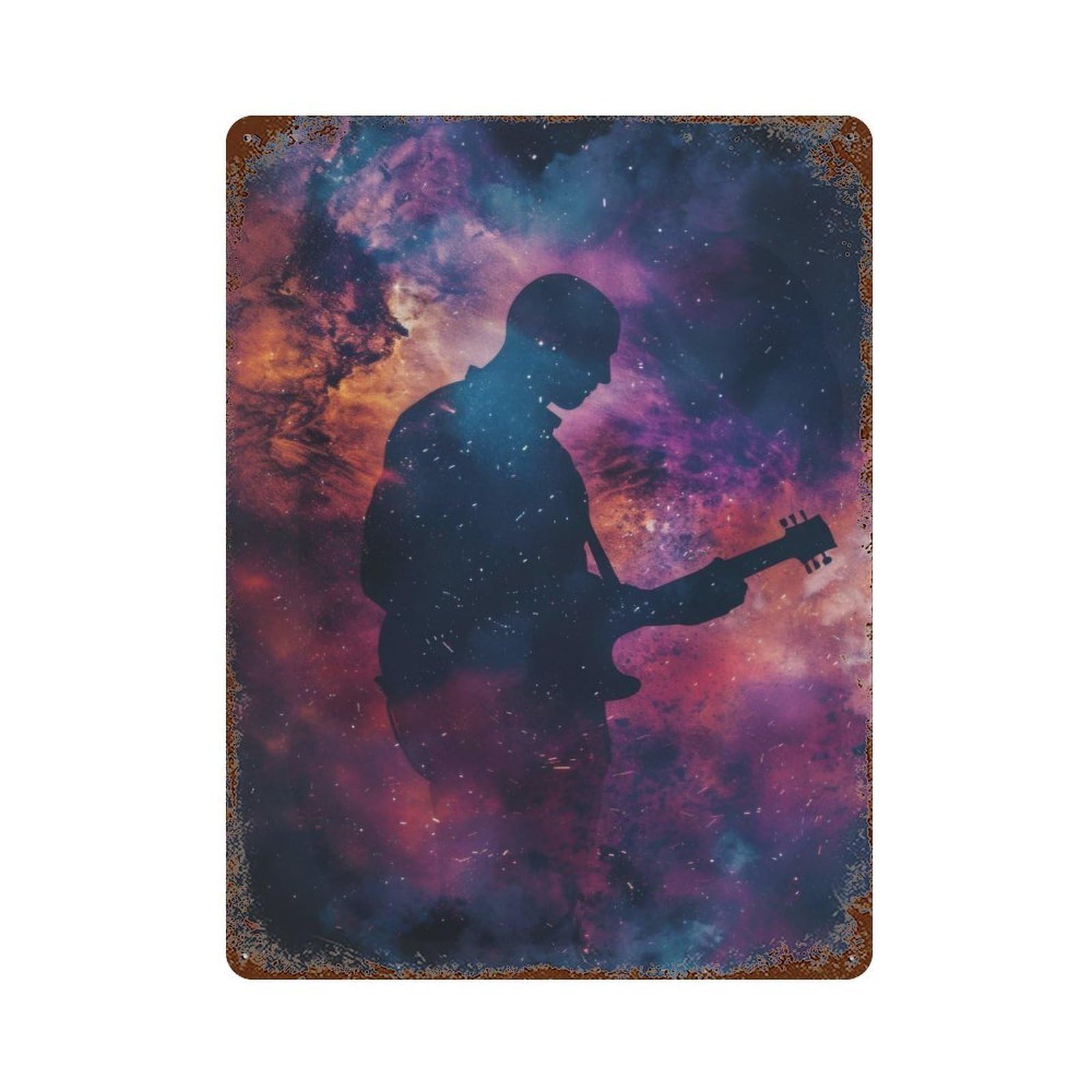 Garage Style Guitarist Galaxy Silhouett Aged Metal Wall Plaque 15.7"x11.8", Farmhouse Wall Decor for Bar And Workshop