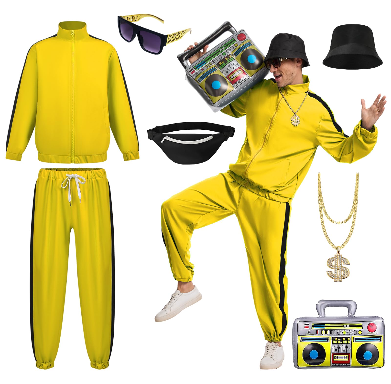 JDFAIJEAL Hiphop Costume Set for Men – Black Tracksuit with Hat, Glasses, Gold Round Necklace, Fanny Pack & Boombox Balloon – Hip Hop Outfit for Party, Halloween, Cosplay (Yellow, XL)
