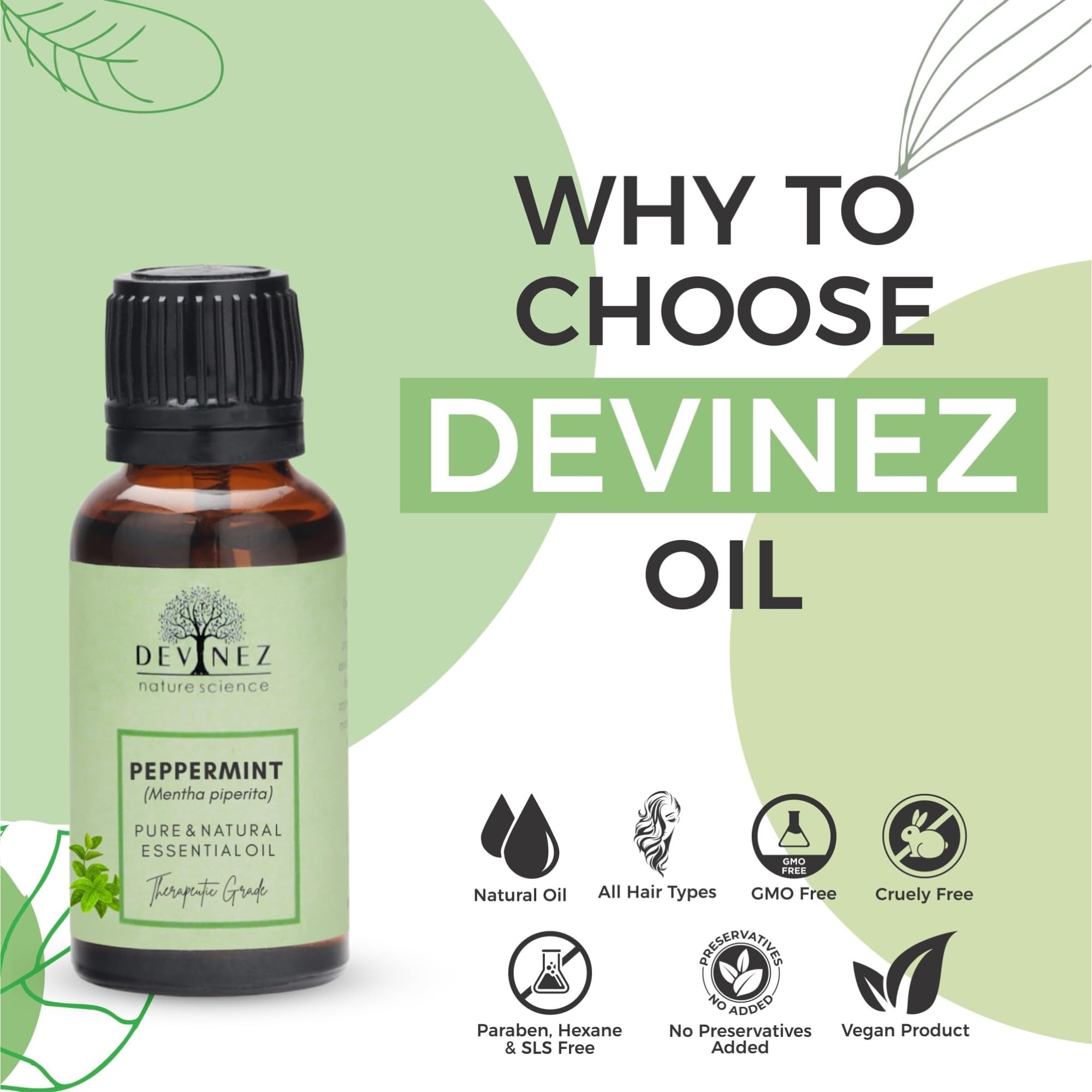 Devinez Peppermint Essential Oil (10ml) - 100% Pure Mentha Piperita - Cooling Menthol for Steam Inhalation, Head Tension, Scalp Stimulator & Focus 1